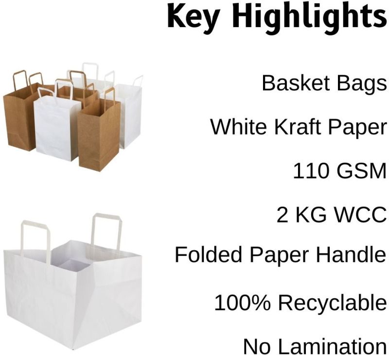 White Kraft Paper Basket Bag With Folded Paper Handle