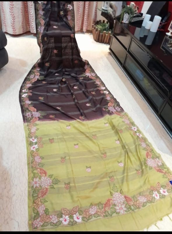 Brown Mehendi Green Party Wear Embroidery Work Silk Saree