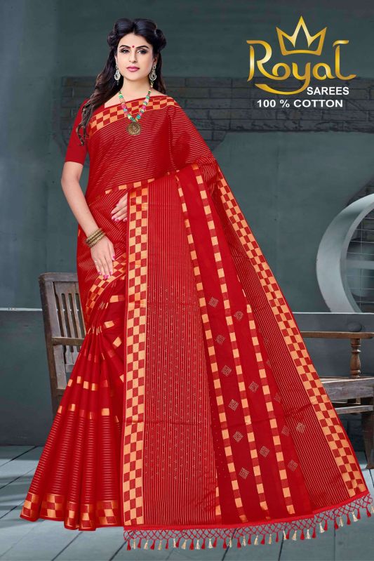 Pragati Dark Red Cotton Saree, Technics : Machine Made, Packaging Type 