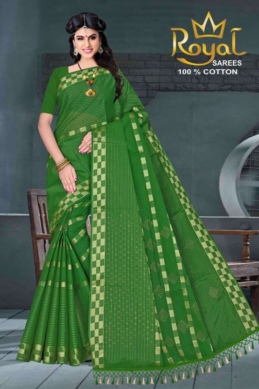 Printed Pragati Green Cotton Saree, Packaging Type : Poly Bag