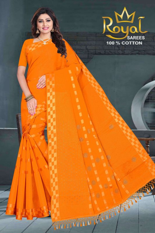 Printed Pragati Orange Cotton Saree, Packaging Type : Poly Bag