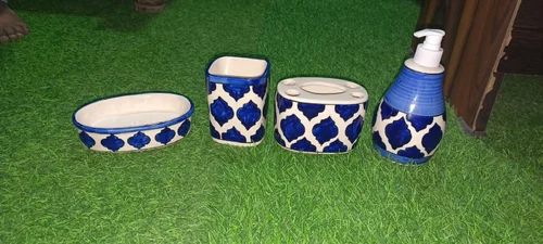 Blue Color Coated Handcrafted Ceramic Bathroom Set