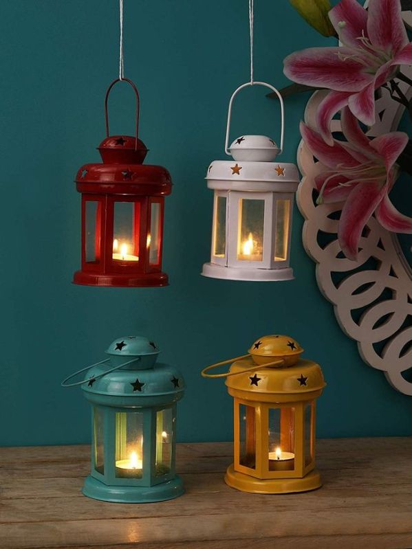 Iron Plain Polished Multicolor T-Light Candle Lantern, Size : 9*9*16 cm