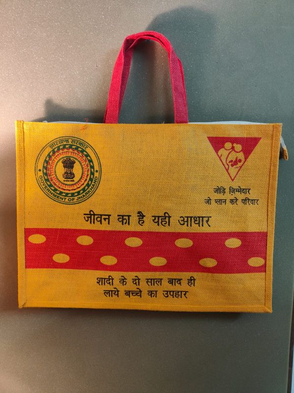 Yellow Rectangular Printed Jute handle bag, for Shopping, Party, Technics : Machine Made