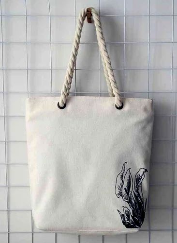 Off White Rectangular Printed Cotton Twisted Rope Handle Bag, for Shopping, Carry Capacity : 5kg