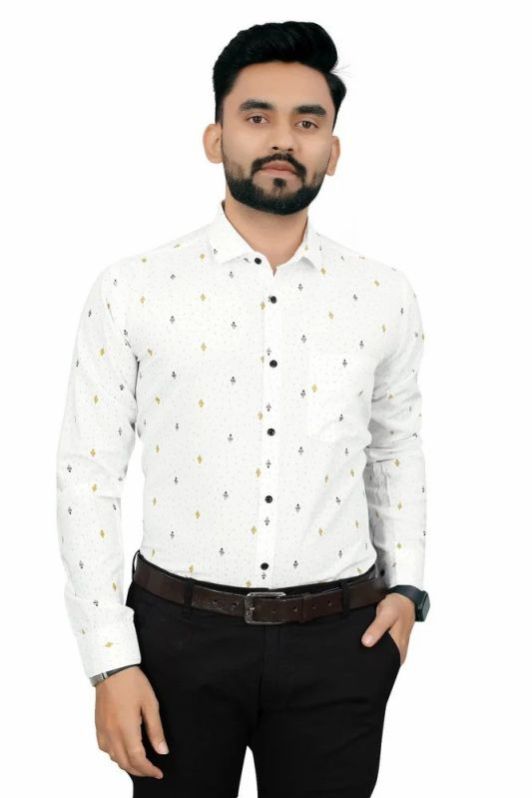 Mens White Printed Stylish Cotton Shirt