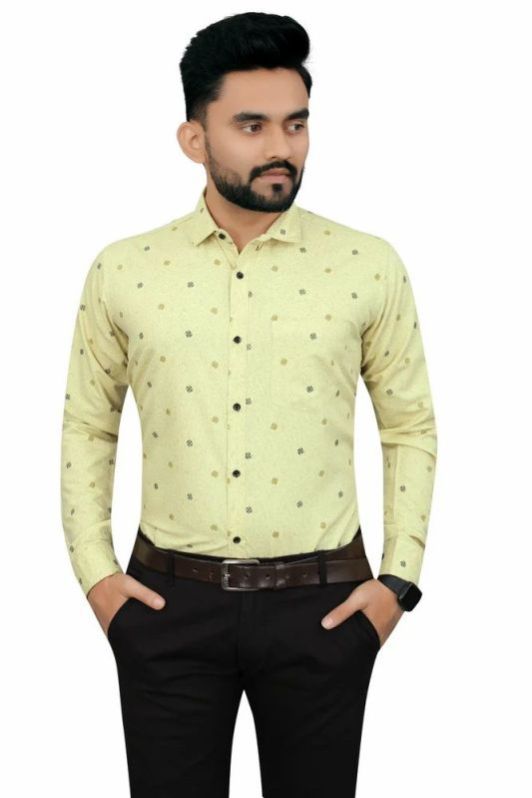 Mens Yellow Printed Stylish Cotton Shirt