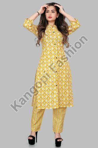 Yellow (Base) Ladies Casual Kurti Pant Set, Size : M