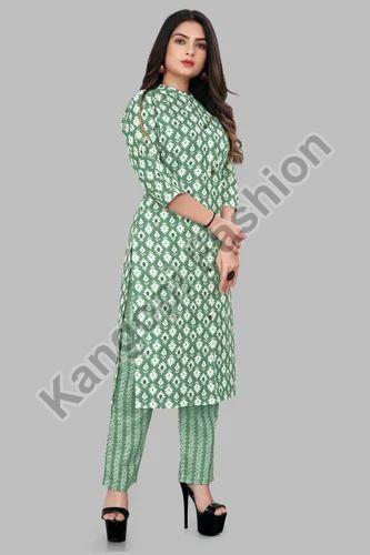 Ladies Green A Line Kurti Pant Set