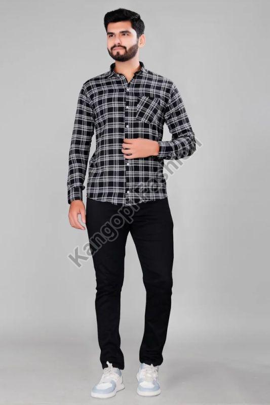 Regular Fit Mens Black Printed Checked Cotton Shirt, Size : Small