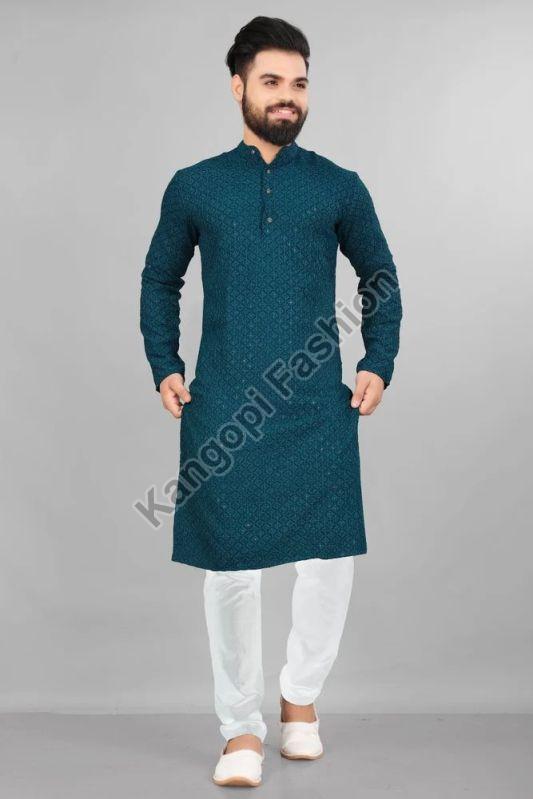 Embroidered Mens Blue Designer Kurta, Occasion : Festive Wear