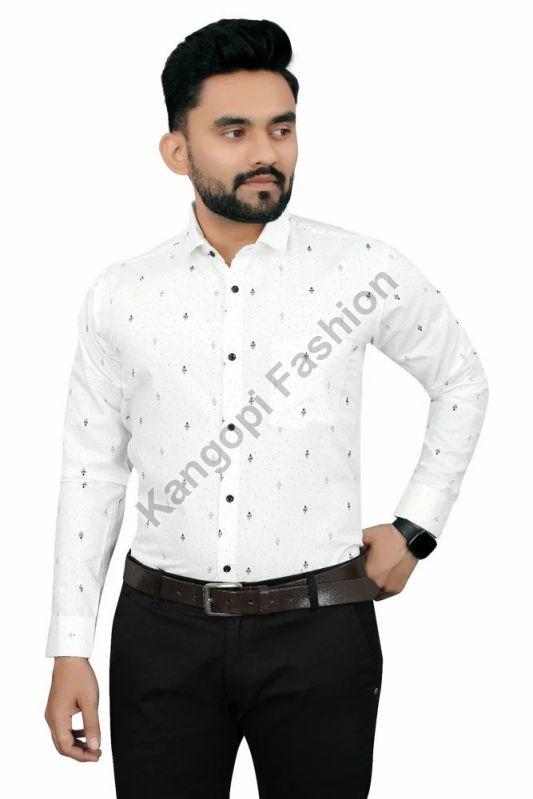 Regular Fit Mens White Printed Stylish Cotton Shirts, Size : Small - 38