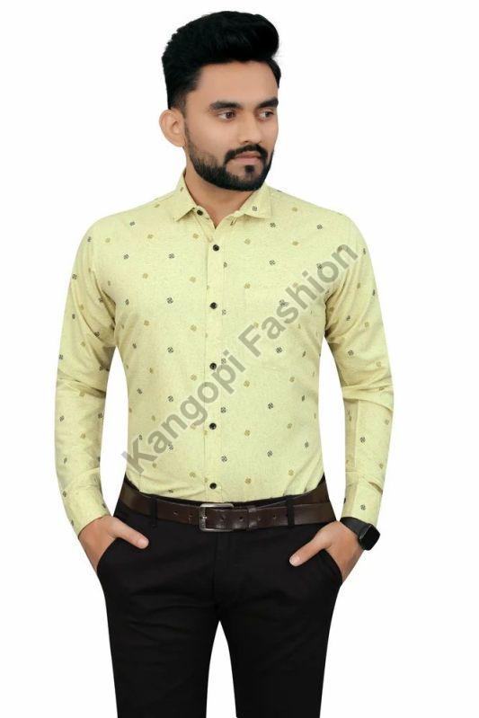 Regular Fit Mens Yellow Printed Stylish Cotton Shirt, Size : Small - 38