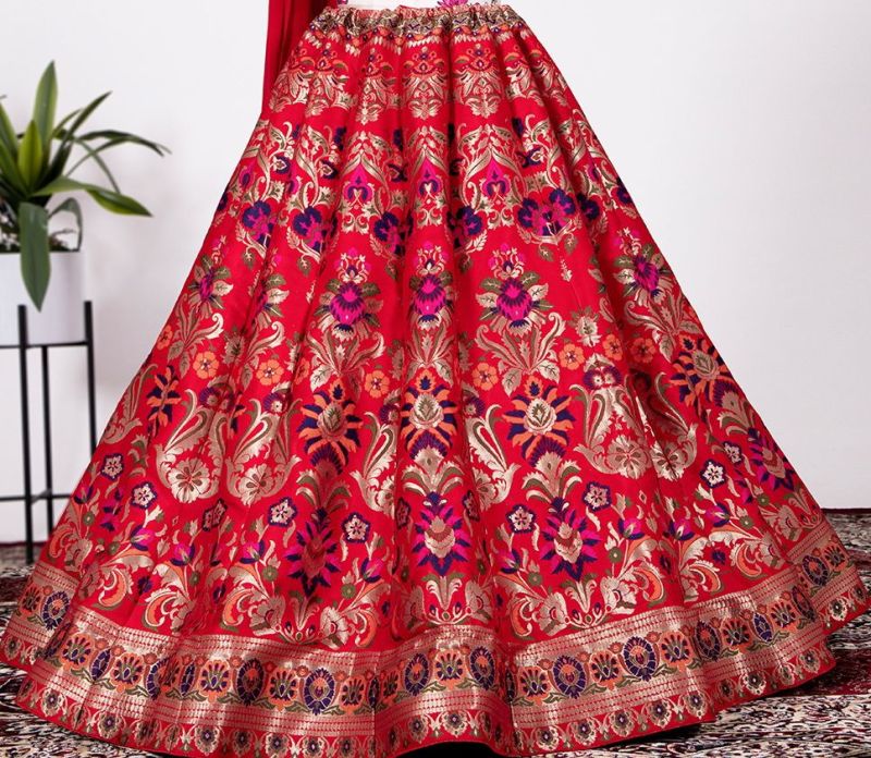Banarasi fabric Red Designer Lehenga, Size : Free