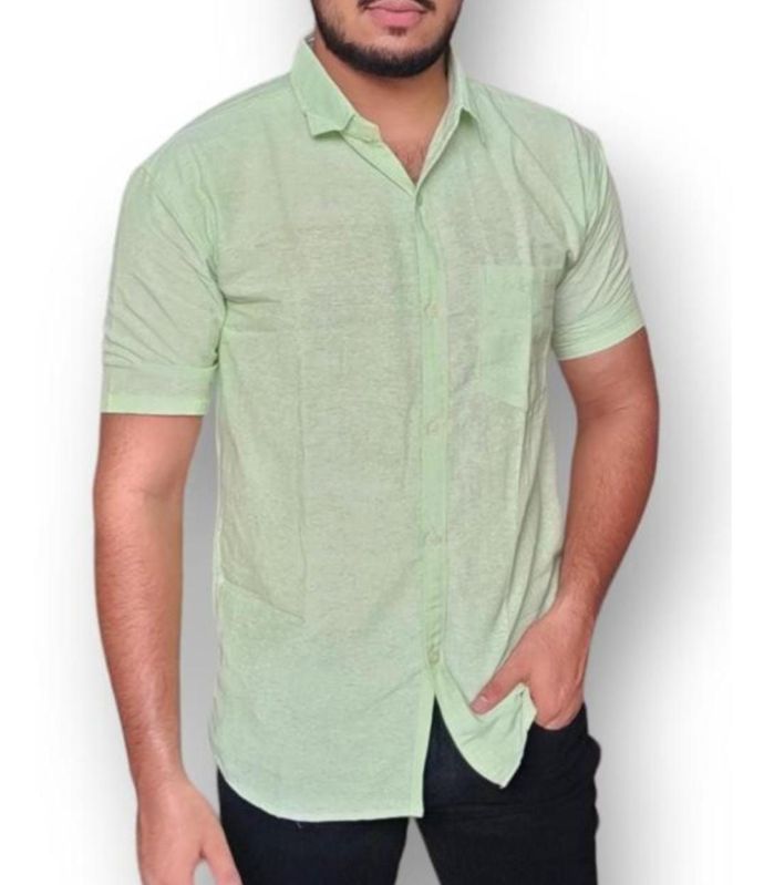 Mens Light Green Linen Cotton Half Sleeve Shirt
