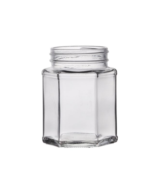 Transparent 200ml Hexagonal Glass Jar, for Pickel Storage, Cap Material : Metal