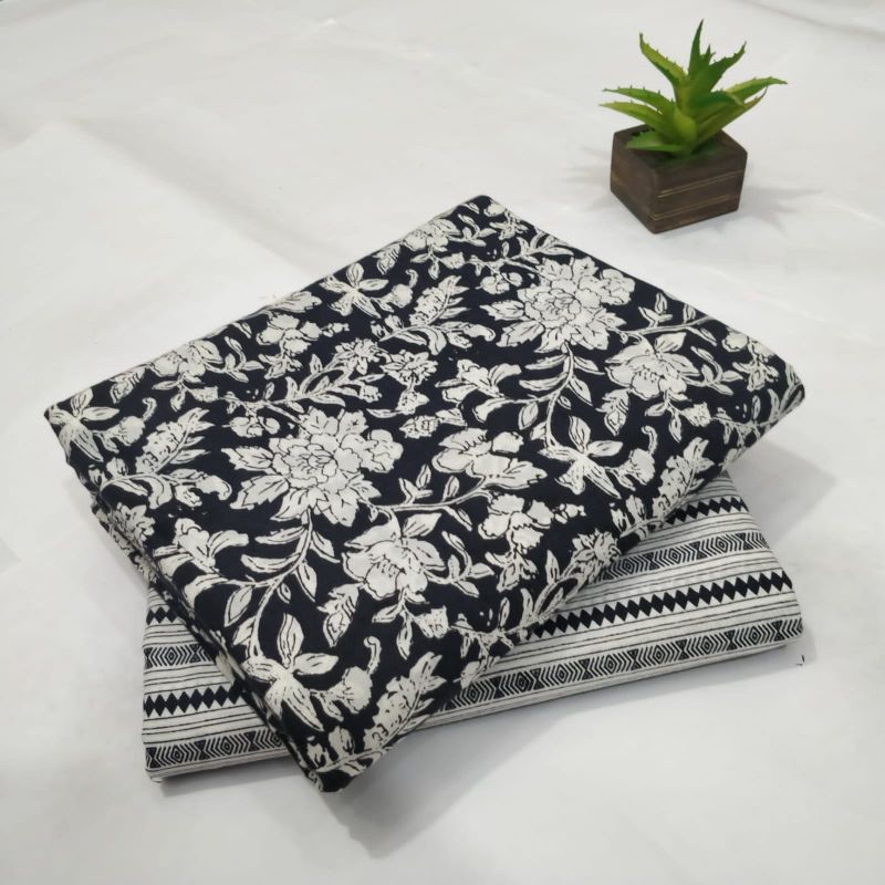 Black & White Floral Printed Cotton Dress Material