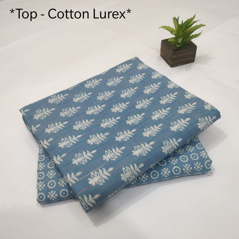 Sky Blue Cotton Lurex Print Hand Block Dress Material