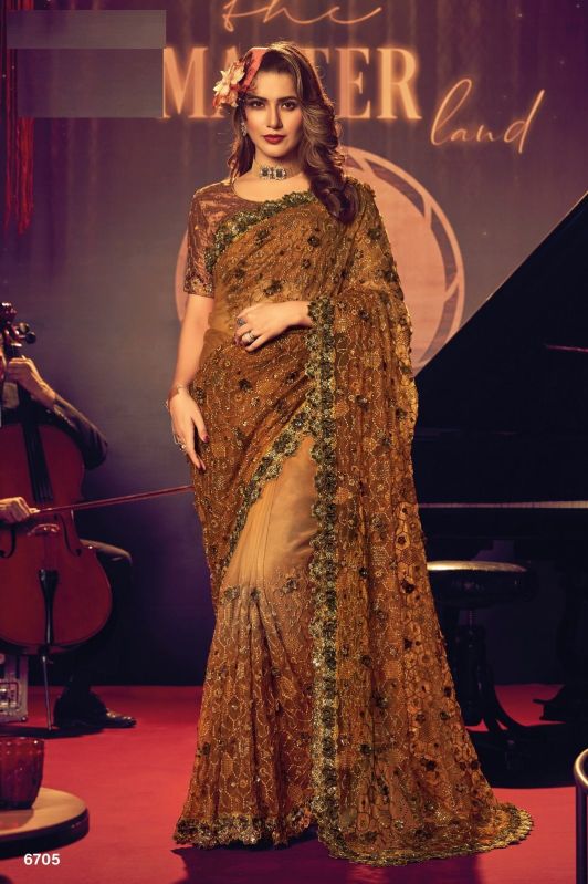 Unstitched Brown Embroidered Saree, Occasion : Party Wear