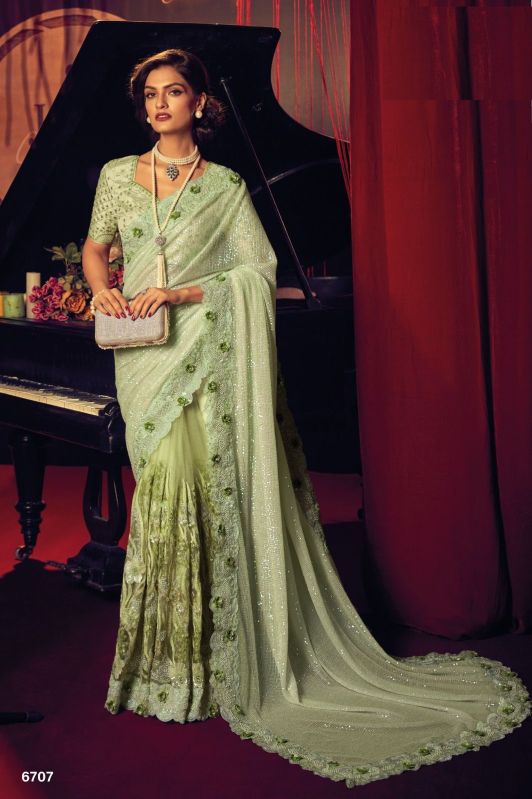 Unstitched Green Embroidered Saree, Occasion : Party Wear