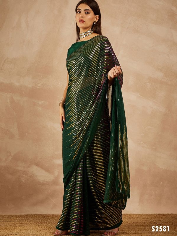 Green Georgette Sequence Saree, Occasion : Party Wear