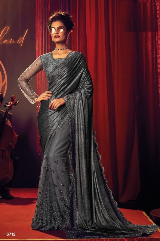 Net Unstitched Grey Embroidered Saree, Occasion : Party Wear