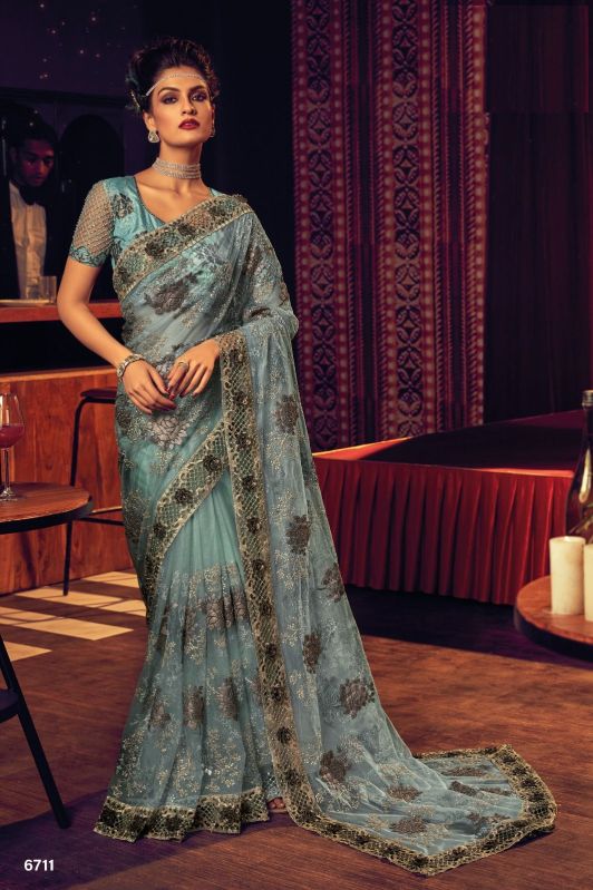 Unstitched Sky Blue Embroidered Saree, Occasion : Party Wear