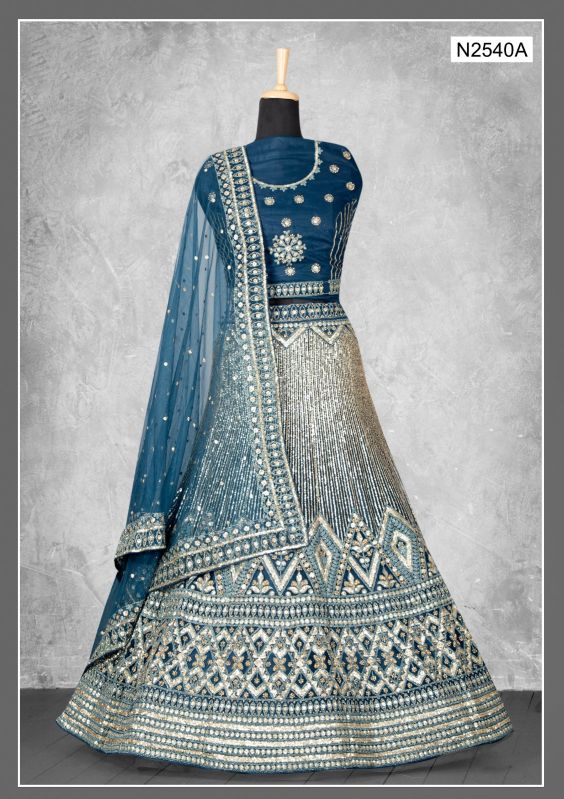 Embroidered Work Teal Blue Designer Party Wear Lehenga, Size : All Sizes