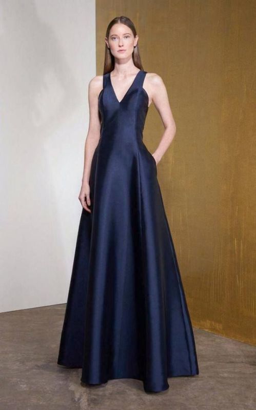 Aqua Blue Satin Deep Neck A Line Partywear Gown