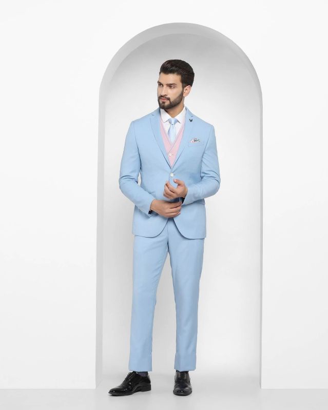 Sky Blue Partywear Mens Three Piece Coat Pant