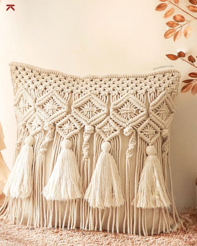 Cotton Macrame Cushion Cover, Size : 16x16 Inch