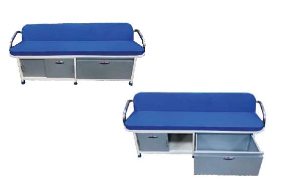 Polished Stainless Steel Plain Attendant Sofa With Cabinet, for Hospital, Size : Standard
