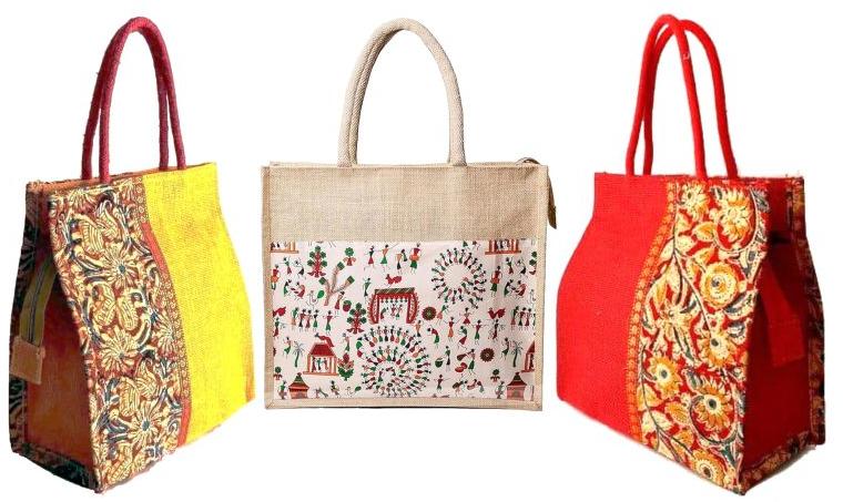 Multicolor Rectangular Loop Handle Printed Kalamkari Bag, for Shopping