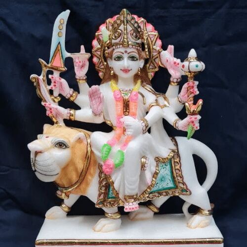 Handcrafted Marble Maa Durga Statue, for Home, Religious, Temple, Color : Multicolor