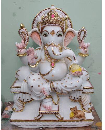 Multicolor Polished Carved Marble Sitting Ganesha Statue, for Home, Religious Purpose, Packaging Type : Box