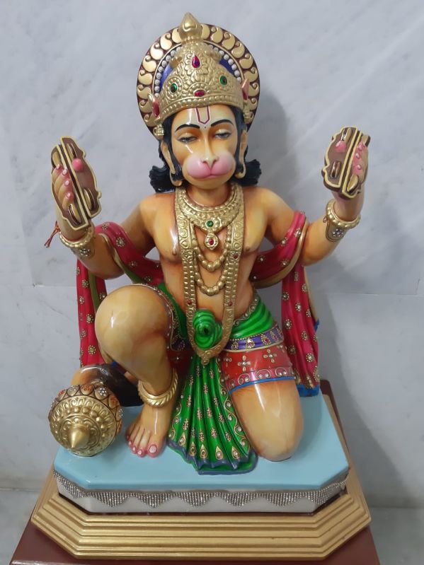 Multicolor Rama Bhajan Marble Sitting Hanuman Statue, for Worship