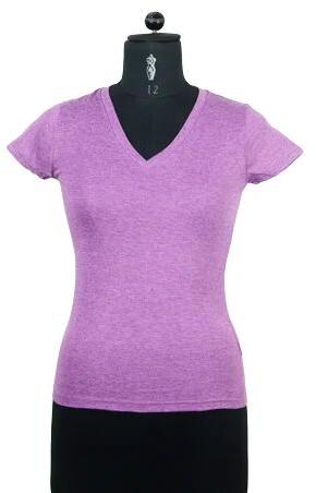 Pink Half Sleeves Plain Cotton Ladies V-Neck T-Shirt, Occasion : Casual Wear