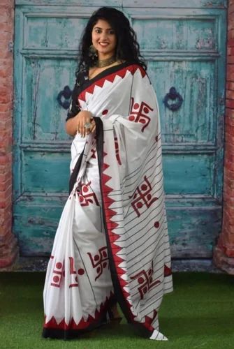 Printed Applique Work Cotton Saree, Speciality : Easy Wash, Anti-Wrinkle, Shrink-Resistant