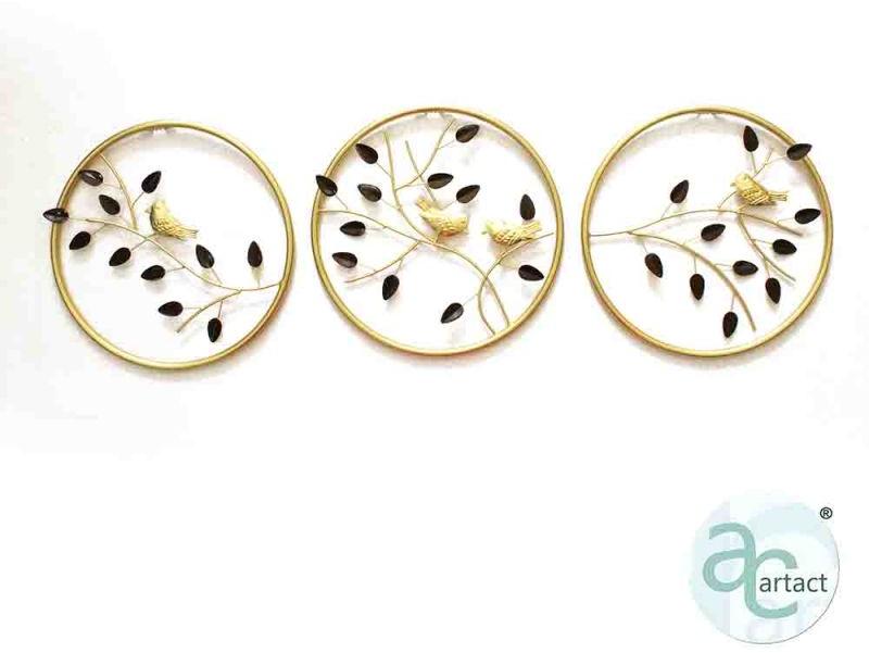 Golden Triple Circles With Birds And Leaves Wall Art Metal Ring