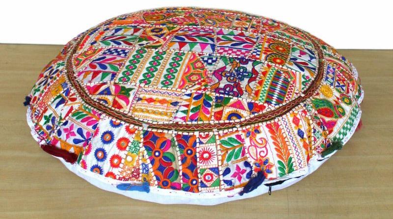 Multicolor Printed Embroidery Cotton Round Cushion Cover, for Bed