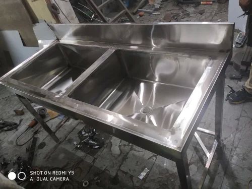 Silver Rectangle Commercial Stainless Steel Double Sink Unit, for Hotel, Restaurant