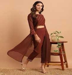 Brown Ladies Motif Top Pant Set, Occasion : Party Wear