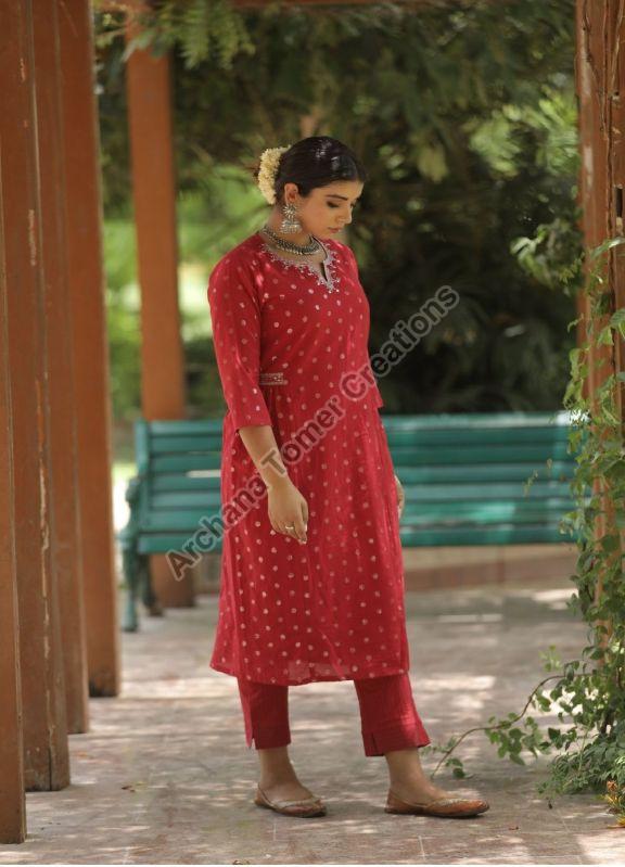 Red Regular Fit 3/4 Printed Cotton Ladies Palazzo Suit, Packaging Type : Poly Bag