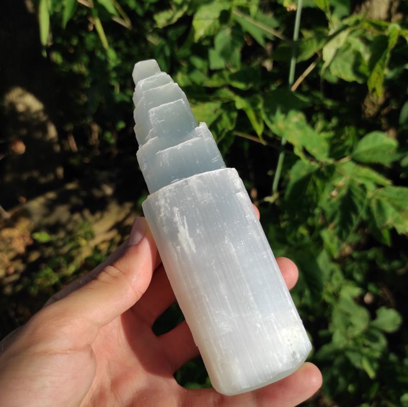 White 15 cm Selenite Crystal Stone Tower, for Healing, Feature : High Strength, Pleasing Look