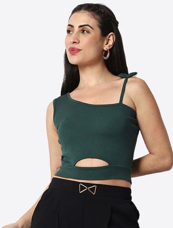 Green Casual One Shoulder Top, Size : M, XL