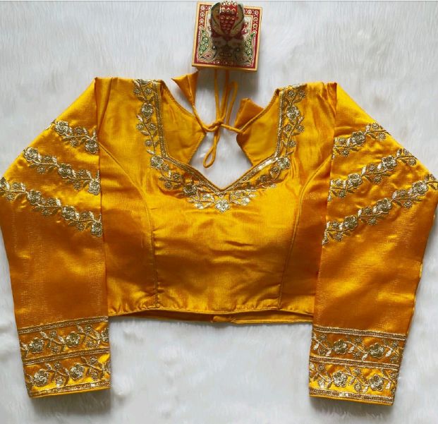 Stitched Half Sleeves Sequins Work Silk Yellow Embroidery Blouse, Occasion : Party Wear, Wedding Wear