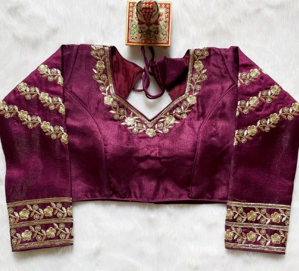 Sequins Work Stitched Half Sleeves Wine Embroidered Silk Blouse, Technics : Attractive Pattern