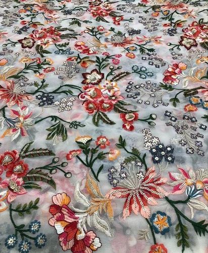 Multicolor Gorgette Embroidered Georgette Fabric, For Garments, Packaging Type : Plastic Bag