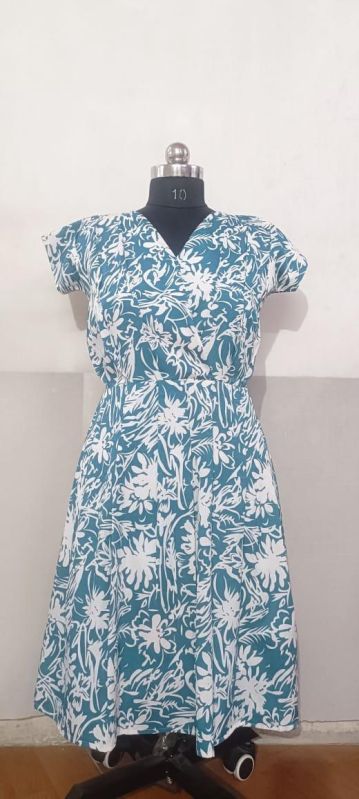 Blue Short Cotton Printed Knee length dresses, Length : 40 Inch