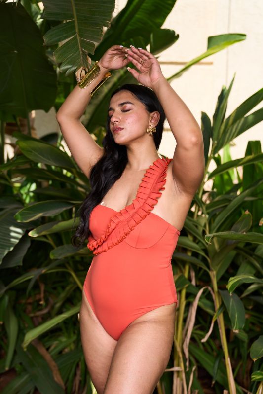  Nylon Plain orange color swimwear, Feature : Comfortable